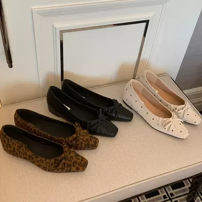 2026 Spring New Women's 3cm Height Increase Square Toe Bow Leopard Flats · YANYAN China shoe factory