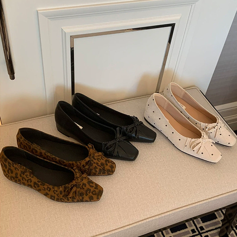 2026 Spring New Women's 3cm Height Increase Square Toe Bow Leopard Flats