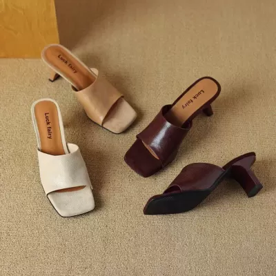Retro Women's Square Toe High Heel Sandals Soft Leather Comfortable Slippers