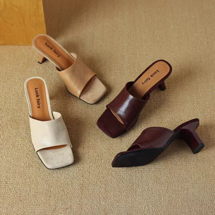 Retro Women's Square Toe High Heel Sandals Soft Leather Comfortable Slippers