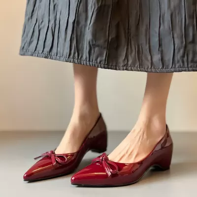 Soft Leather Women's Pointed Toe Bow Red Mary Jane Shoes Height Increase