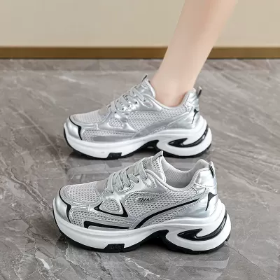 Women's Silver Chunky Sneakers 2026 Spring Summer, Thick Sole Height Increase · YANYAN China shoe factory