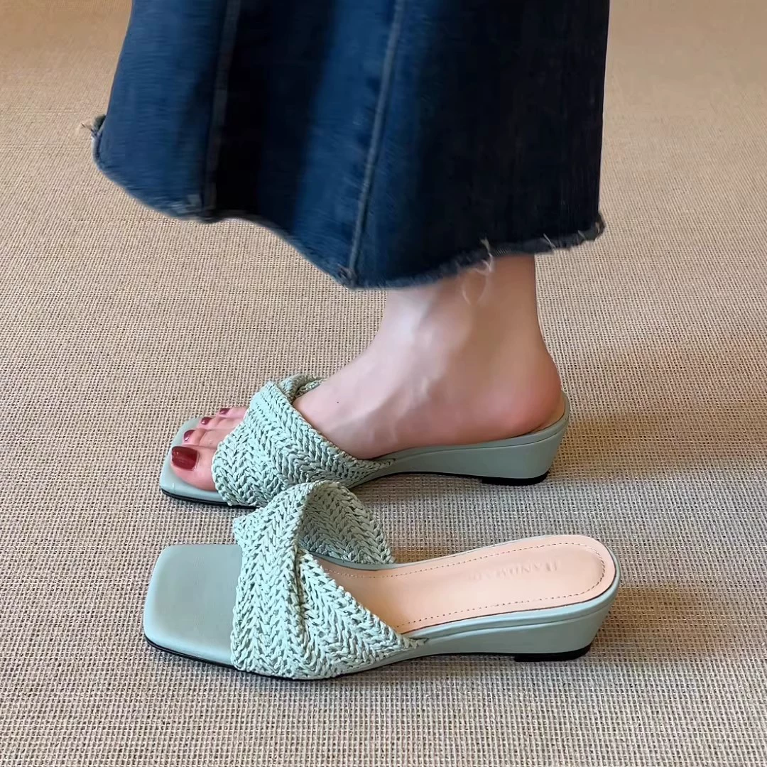Summer Women's Woven Square Toe Slippers Wedge Heel Beach Sandals