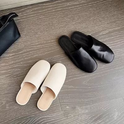 Paris Nude Effect Soft Leather Square Toe Flat Mules Women's Summer Slippers · YANYAN China shoe factory