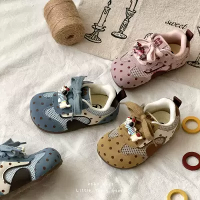 XSHX Polka Dot Wide Head Girls Spring Summer Breathable Mesh Soft Sole Korean Anti-Slip Magic Strap Shoes