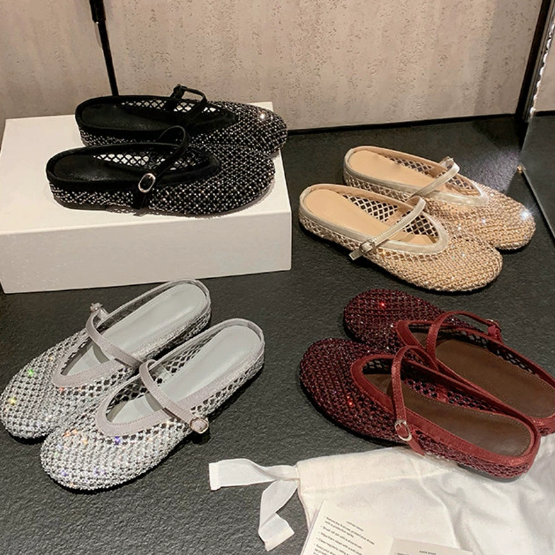 New Summer Women's 4cm Height Increase Rhinestone Strap Fishnet Mules