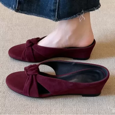 3.5cm French Cross Knot Round Toe Wedge Sandals Women's Sheepskin Slippers · YANYAN China shoe factory