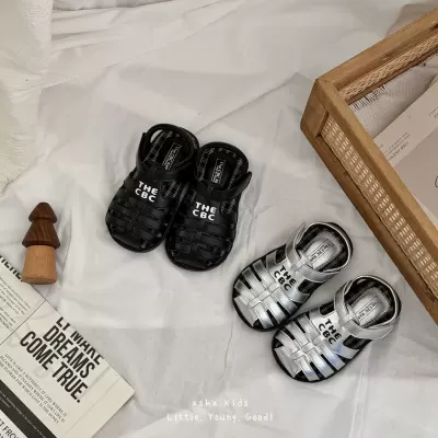 XSHX French Chic School Roman Toe Cap Hollow Sandals Anti-Slip Rubber Soft Sole Retro Black Silver Girls Summer