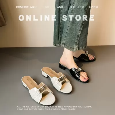 Soft Leather Women's Gold Lock Slippers Outdoor Fashion French Style
