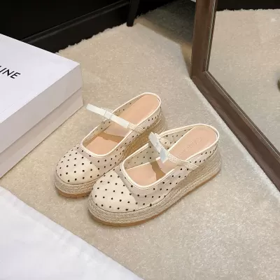 2026 Summer Women's Bow Hollow Mesh Woven Thick Sole Wedge Mules · YANYAN China shoe factory