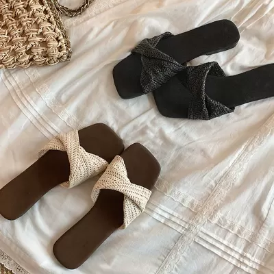 French Retro Woven Twist Strap Square Toe Flat Slippers Women's Summer
