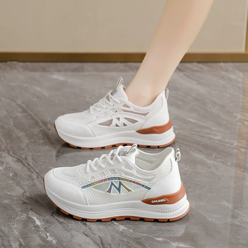 Zapatillas de malla blancas para mujer Verano, suela gruesa coreana aumento altura chunky casual