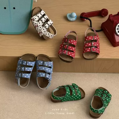 XSHX Small Korean Polka Dot Open Toe Cork Burgundy Sandals Girls Retro Light Soft Anti-Slip · YANYAN China shoe factory