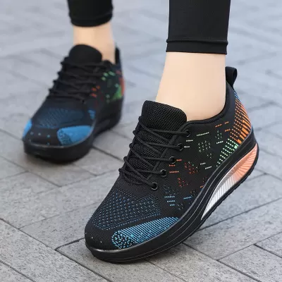 Export New Thick Sole Height Increase Rocking Shoes Women Casual Flyknit