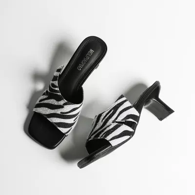 Soft Leather Women's Zebra Print Square Toe Sandals Fashion Slippers
