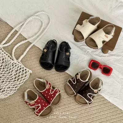 XSHX Top Layer Cowhide Cowhide Retro Children's Polka Dot Boys Girls Texture Leather Burgundy Slides Spring Summer Sandals