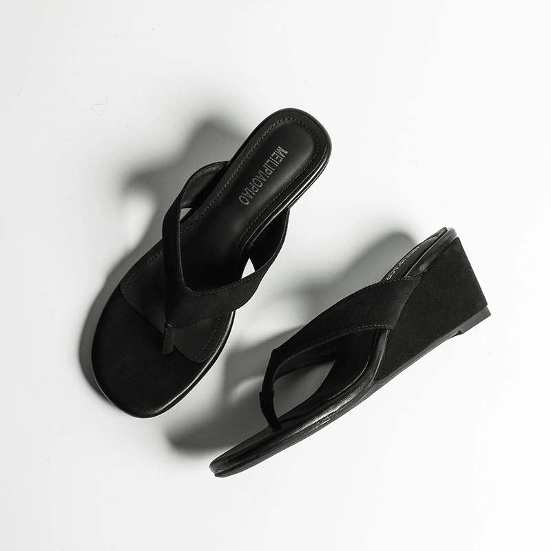 Soft Leather Women's High Heel Thong Sandals Summer Height Increase Comfort