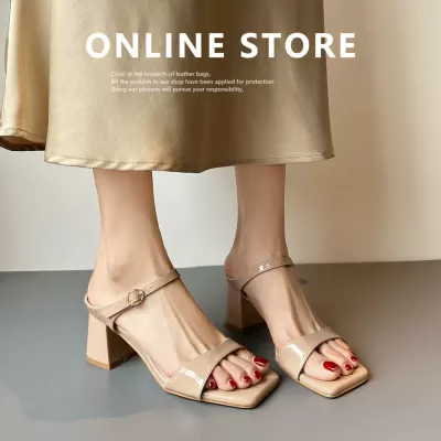 Soft Leather Women's Square Toe Strap High Heel Sandals Summer Outdoor · YANYAN China shoe factory