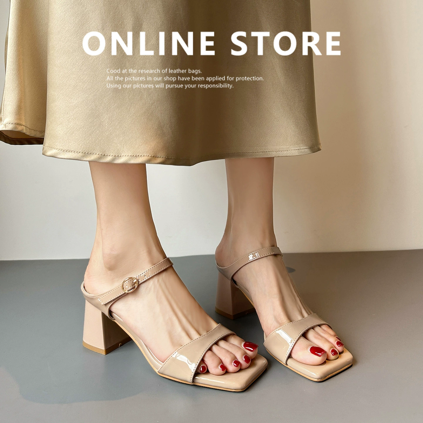 Soft Leather Women's Square Toe Strap High Heel Sandals Summer Outdoor
