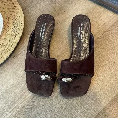 Women's Soft Leather Square Toe Suede Metal Buckle Toe Loop Chunky Heel Slide Sandals · YANYAN China shoe factory