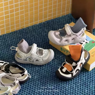 XSHX Retro Functional Children's Spring Summer Breathable Functional Toe Cap Anti-Kick Wide Head Rubber Soft Sole Boys Girls Hiking