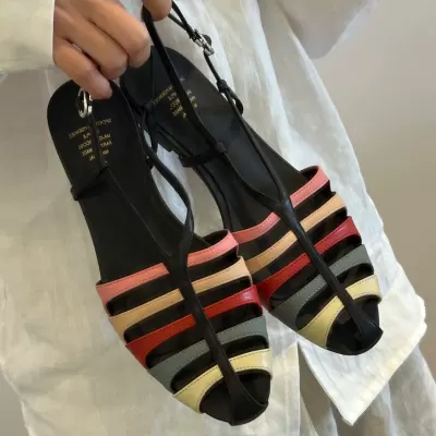 Women's Summer Artistic Retro Color Block Woven Roman Sandals Hollow Design Flat Sandals
