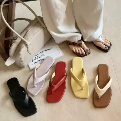 Women's Korean Square Toe Flip Flops Summer 2026 New Casual Non-slip Beach Sandals