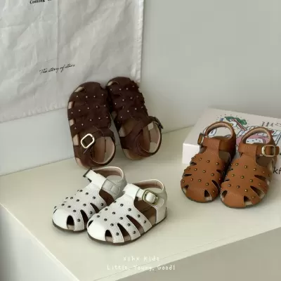 XSHX Rivet Burgundy Retro Cork Shoes Children Boys Girls Spring Summer Soft Sole Anti-Slip Rubber Magic Strap