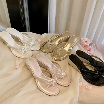 Women's Summer 5cm Wedge Heel Bow French Girl Style Beach Flip Flop Sandals New