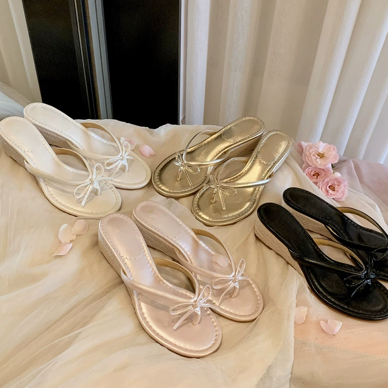 Women's Summer 5cm Wedge Heel Bow French Girl Style Beach Flip Flop Sandals New