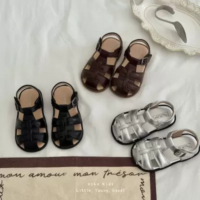 XSHX Retro Roman Children's Boys Girls Neutral Simple Korean Toe Cap Rubber Soft Sole Anti-Slip Breathable Skin-Friendly