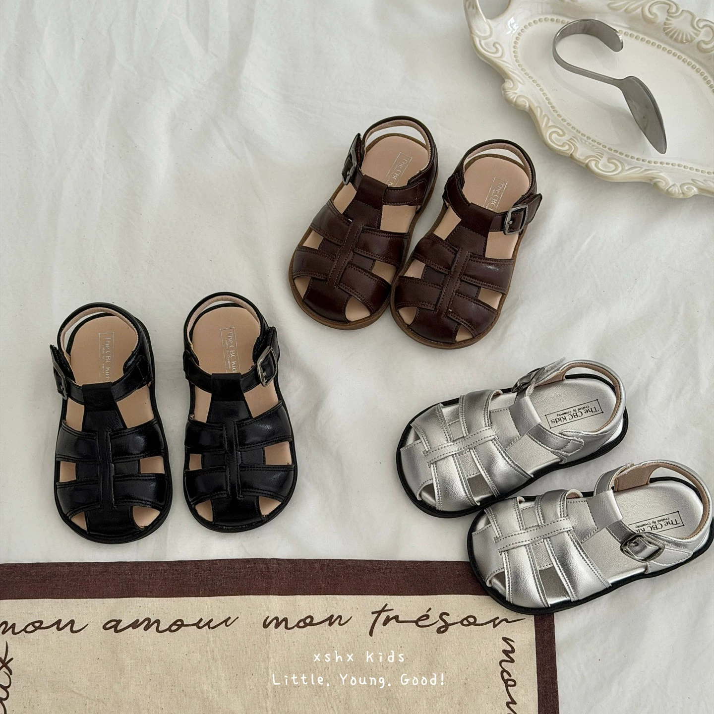 XSHX Retro Roman Children's Boys Girls Neutral Simple Korean Toe Cap Rubber Soft Sole Anti-Slip Breathable Skin-Friendly