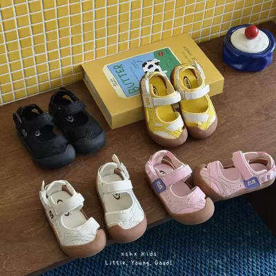 XSHX Soft Sole Toe Protection Korean Children's Boys Girls Spring Summer Breathable Anti-Kick Toe Cap Shoes Rubber Anti-Slip Single Mesh