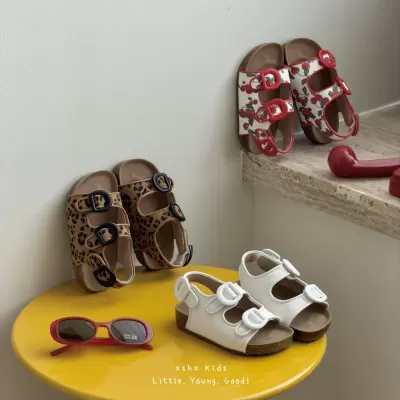 XSHX Retro Small Korean Cute Style Children's Sandals Girls Magic Strap Cork Burgundy Sandals