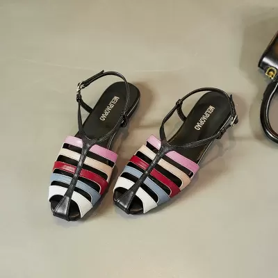 Women's Designer Woven Hollow Color Block Ankle Strap Sandals Flat Comfortable Roman