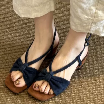 Women's Summer Retro Woven Ankle Strap Open Toe Mid Heel Backless Sandals New