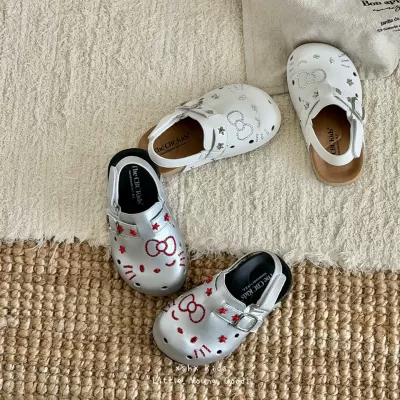 XSHX Cute Cat Sweet Cool Hole Burgundy Half Wrap Sandals Girls Spring Summer Soft Sole Functional Anti-Slip Magic Strap