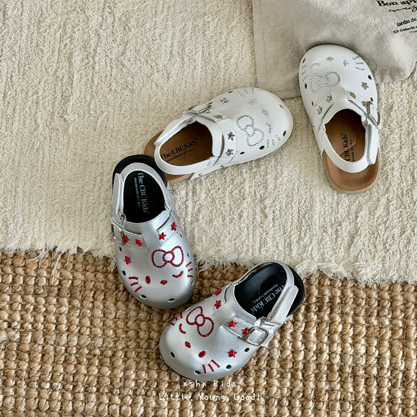 XSHX Cute Cat Sweet Cool Hole Burgundy Half Wrap Sandals Girls Spring Summer Soft Sole Functional Anti-Slip Magic Strap