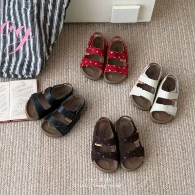 XSHX Genuine Leather Burgundy Children's Retro Open Toe Magic Strap Casual Thick Sole Cowhide Nylon Summer Breathable Comfort · YANYAN China shoe factory