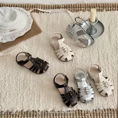 XSHX Woven Retro Girls Roman Sandals Hollow Spring Summer Natural Rubber Anti-Slip Soft Sole Breathable