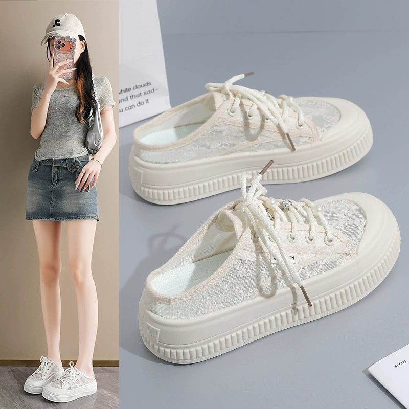 Summer 2026 Women's Mesh Breathable Mule Slippers, Korean Style Slip-On White Shoes