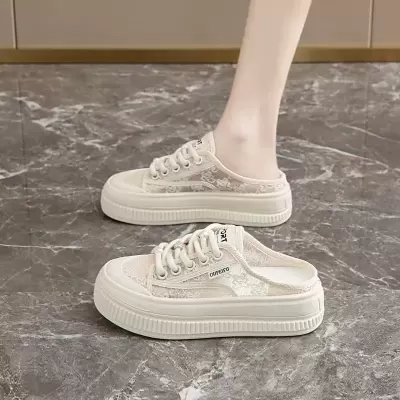 Summer 2026 Women's Mesh Breathable Mule Slippers, Korean Style Slip-On White Shoes