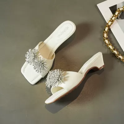 Women's 2026 Summer Open Toe Sandals Fairy Rhinestone Flower Square Toe Chunky Heel · YANYAN China shoe factory