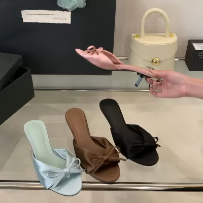 Chuyuji Korean Sweet Bow Stiletto Heel Open Toe Slide Sandals Women Casual Slippers · YANYAN China shoe factory