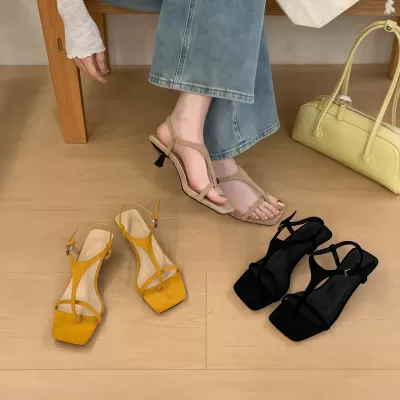 Chuyuji High Heels Square Toe Thin Strap Black Toe Post Sandals Women 2026 Summer New Elegant Stiletto · YANYAN China shoe factory