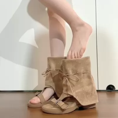 Chuyuji Retro Ankle Strap Open Toe Boots Women 2026 Summer Lace Up Roman Sandals Tube Short Boots · YANYAN China shoe factory