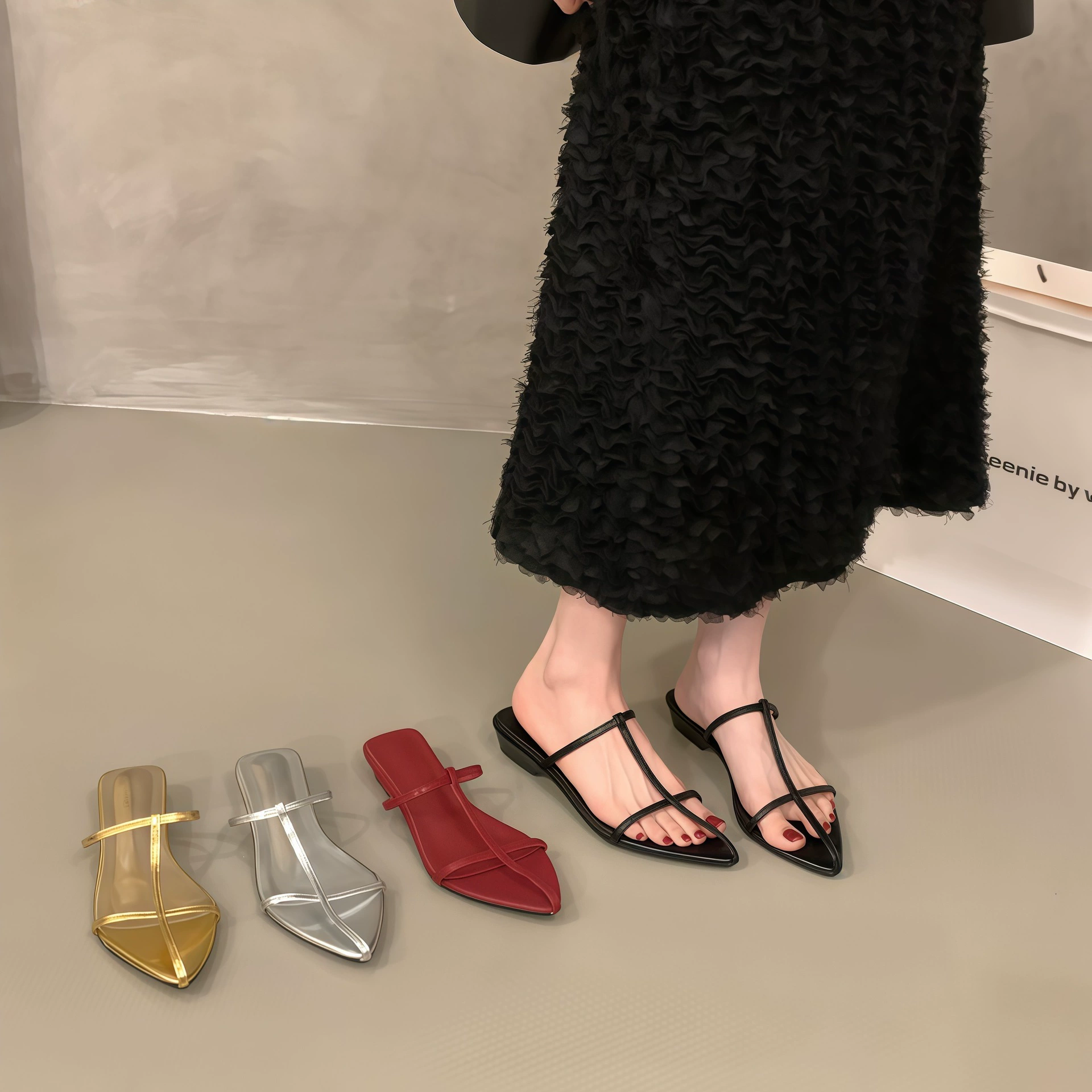 Chuyuji Sandalias de Tacón Cuadrado Punta Afilada Plata con Tiras Francesas Mujer Verano Estilo Vacaciones