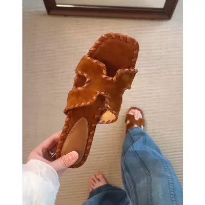 Chuyuji Retro Woven Block Heel Vacation Open Toe Sandals Women Brown High Heel Slippers · YANYAN China shoe factory