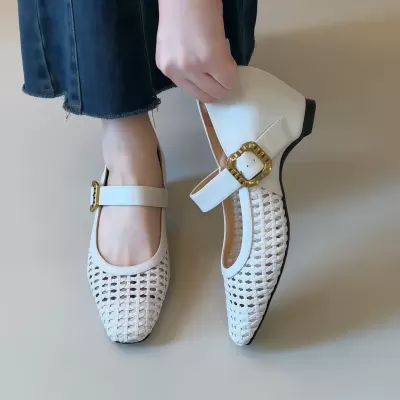 Chuyuji Square Toe Woven Hollow Hidden Wedge Mary Jane Commuter Ankle Strap Korean Style Flats · YANYAN China shoe factory