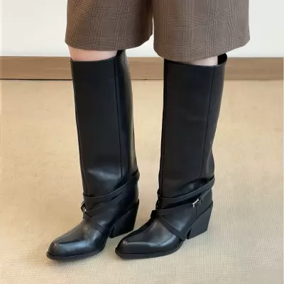 Chuyuji Zhai Nv Same Style Boots Low Heel Knee High Boots Women Winter Long Boots Riding Boots